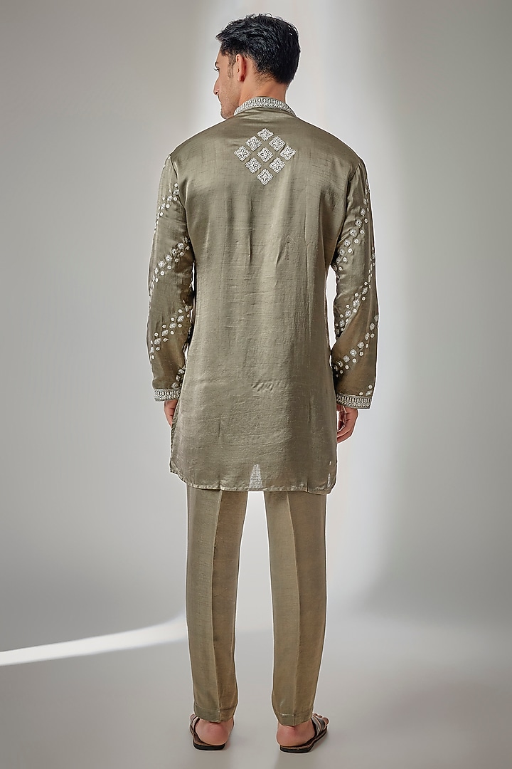 Olive Green Chanderi Satin Silk Zari Embroidered Kurta Set by PARV DESIGN STUDIO at Pernia's Pop Up Shop