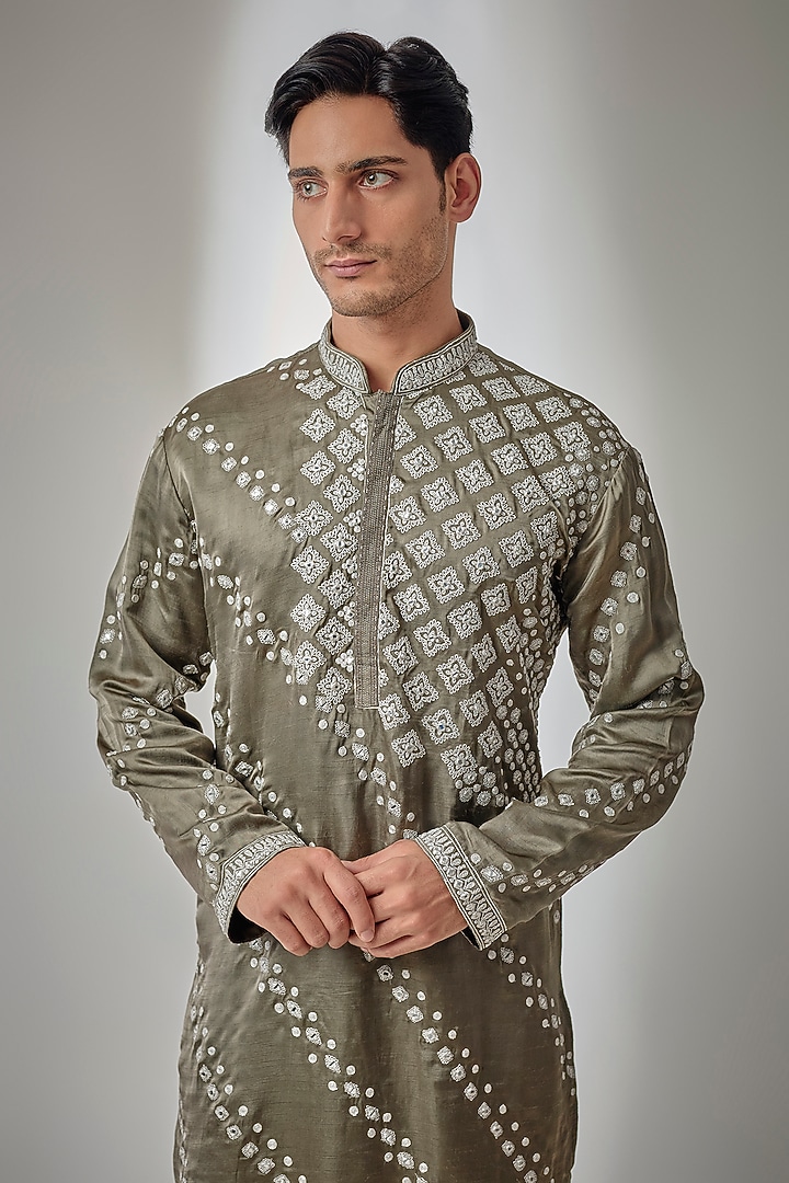 Olive Green Chanderi Satin Silk Zari Embroidered Kurta Set by PARV DESIGN STUDIO at Pernia's Pop Up Shop