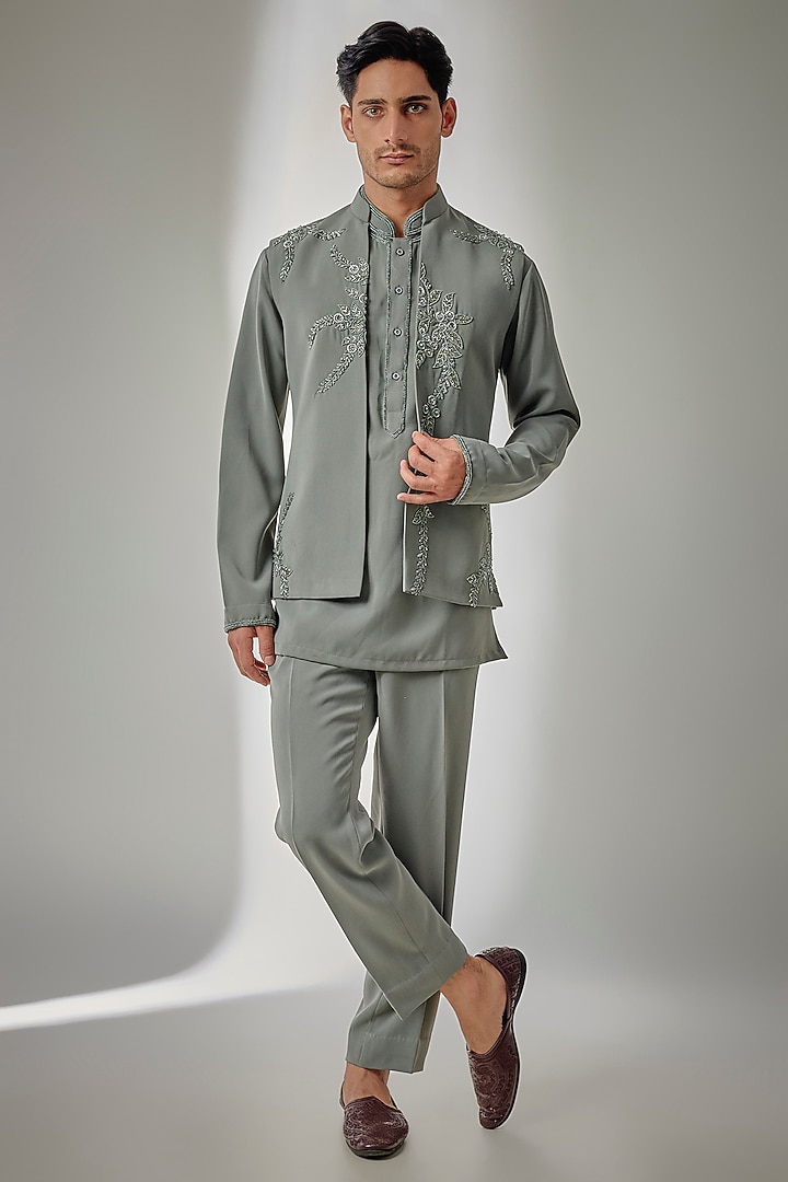 Green Suiting Beads Embroidered Nehru Jacket Set by PARV DESIGN STUDIO at Pernia's Pop Up Shop
