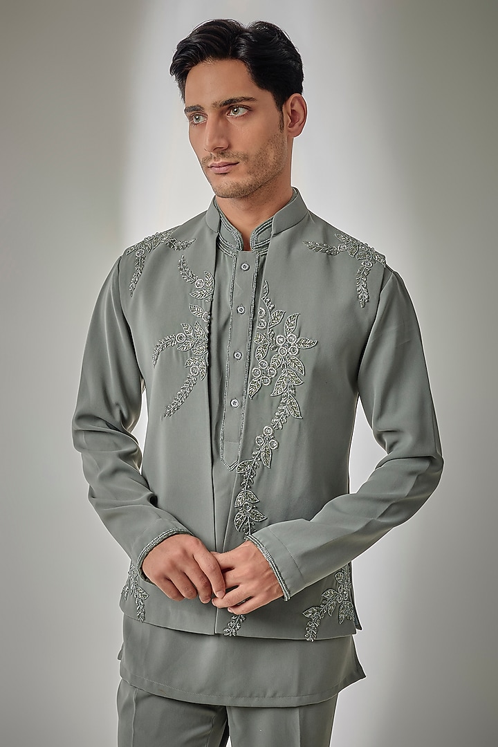 Green Suiting Beads Embroidered Nehru Jacket Set by PARV DESIGN STUDIO at Pernia's Pop Up Shop