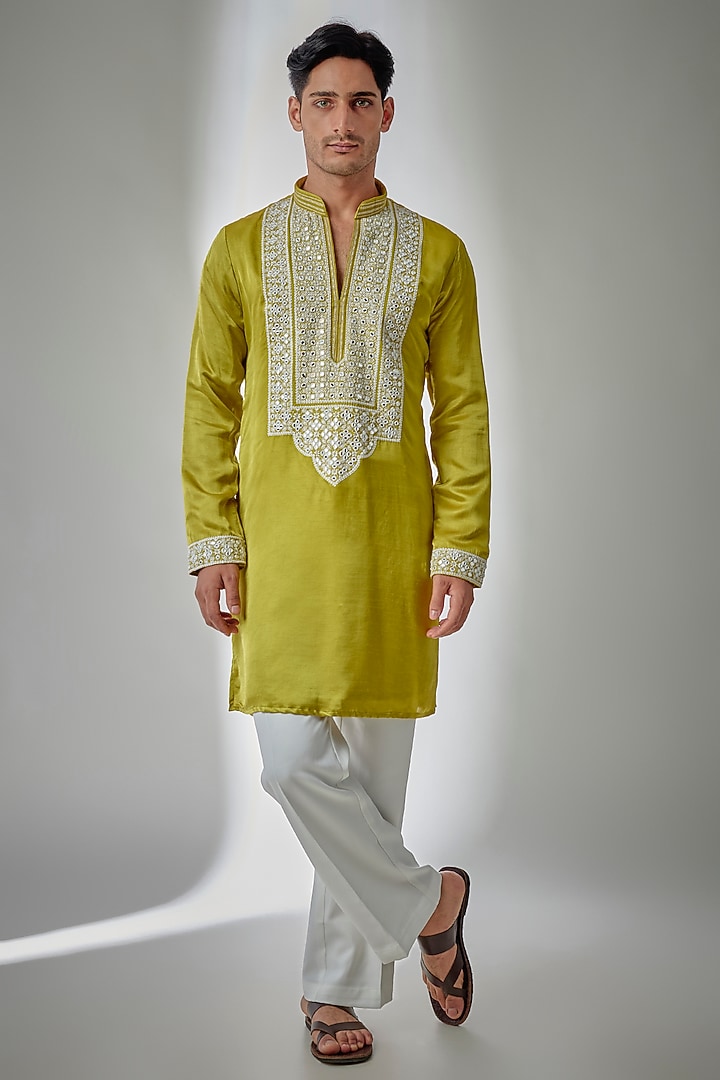 Neon Yellow Chanderi Satin Silk Mirror Embroidered Kurta Set by PARV DESIGN STUDIO at Pernia's Pop Up Shop