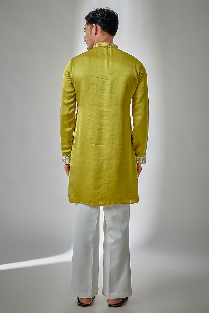 Neon Yellow Chanderi Satin Silk Mirror Embroidered Kurta Set by PARV DESIGN STUDIO at Pernia's Pop Up Shop