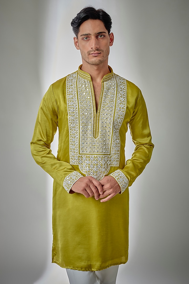 Neon Yellow Chanderi Satin Silk Mirror Embroidered Kurta Set by PARV DESIGN STUDIO at Pernia's Pop Up Shop