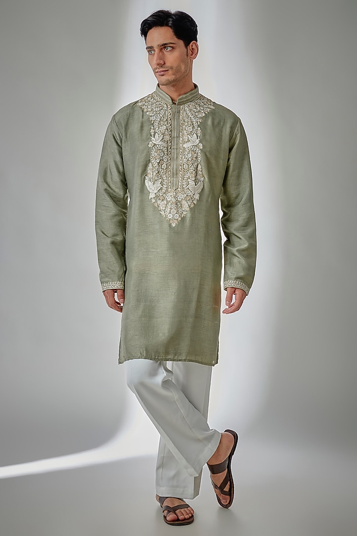 Sage Green Chanderi Silk Resham Embroidered Kurta Set by PARV DESIGN STUDIO at Pernia's Pop Up Shop