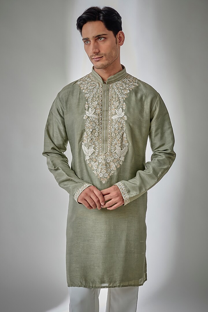 Sage Green Chanderi Silk Resham Embroidered Kurta Set by PARV DESIGN STUDIO at Pernia's Pop Up Shop
