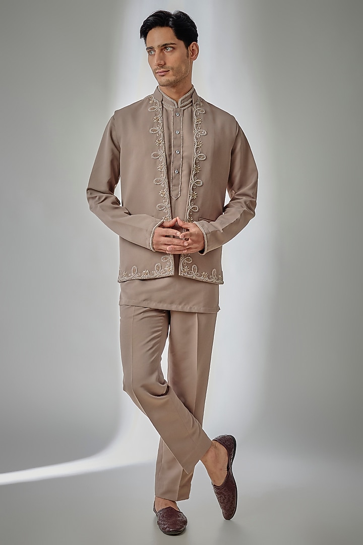 Beige Salmon Suiting Cutdana Embroidered Nehru Jacket Set by PARV DESIGN STUDIO at Pernia's Pop Up Shop