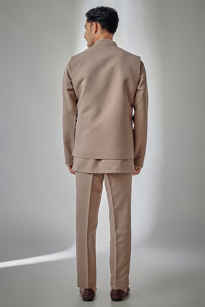 Beige Salmon Suiting Cutdana Embroidered Nehru Jacket Set by PARV DESIGN STUDIO at Pernia's Pop Up Shop