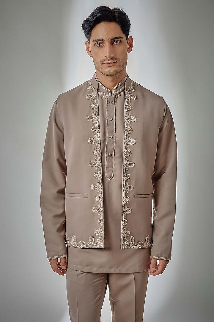 Beige Salmon Suiting Cutdana Embroidered Nehru Jacket Set by PARV DESIGN STUDIO at Pernia's Pop Up Shop