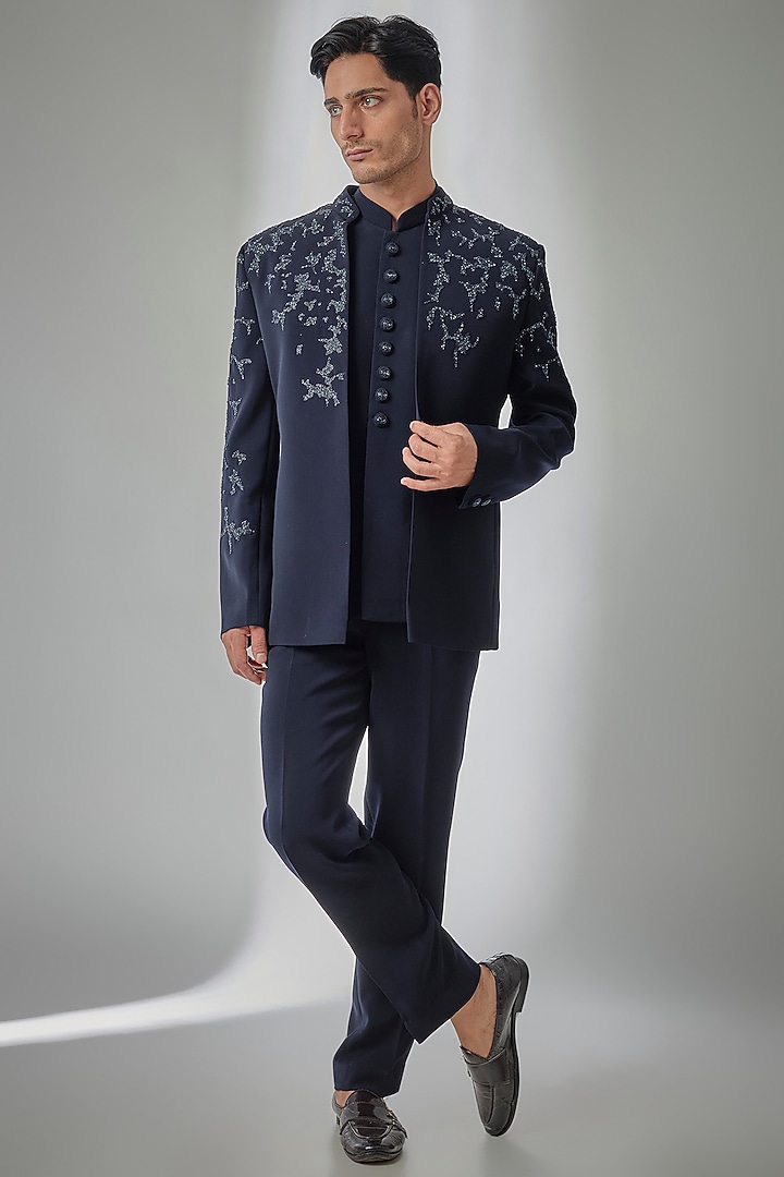 Navy Blue Suiting Embroidered Wedding Bandhgala Set by PARV DESIGN STUDIO at Pernia's Pop Up Shop