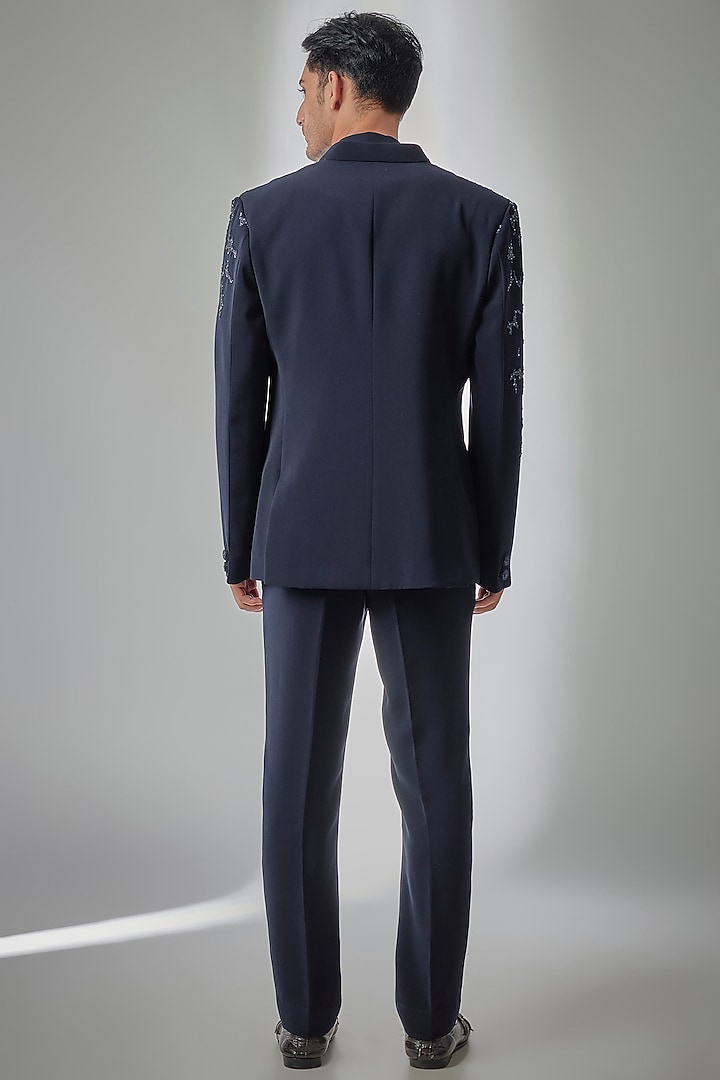 Navy Blue Suiting Embroidered Wedding Bandhgala Set by PARV DESIGN STUDIO at Pernia's Pop Up Shop