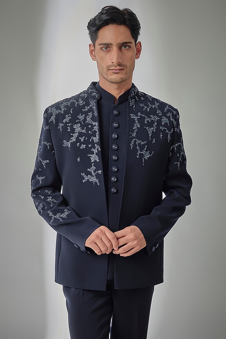 Navy Blue Suiting Embroidered Wedding Bandhgala Set by PARV DESIGN STUDIO at Pernia's Pop Up Shop