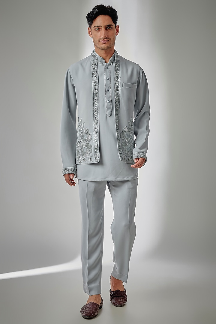Sky Blue Suiting Embroidered Nehru Jacket Set by PARV DESIGN STUDIO at Pernia's Pop Up Shop