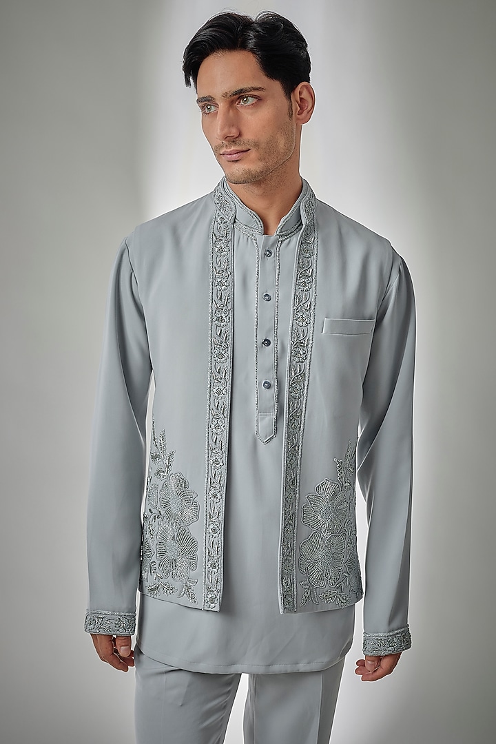 Sky Blue Suiting Embroidered Nehru Jacket Set by PARV DESIGN STUDIO at Pernia's Pop Up Shop