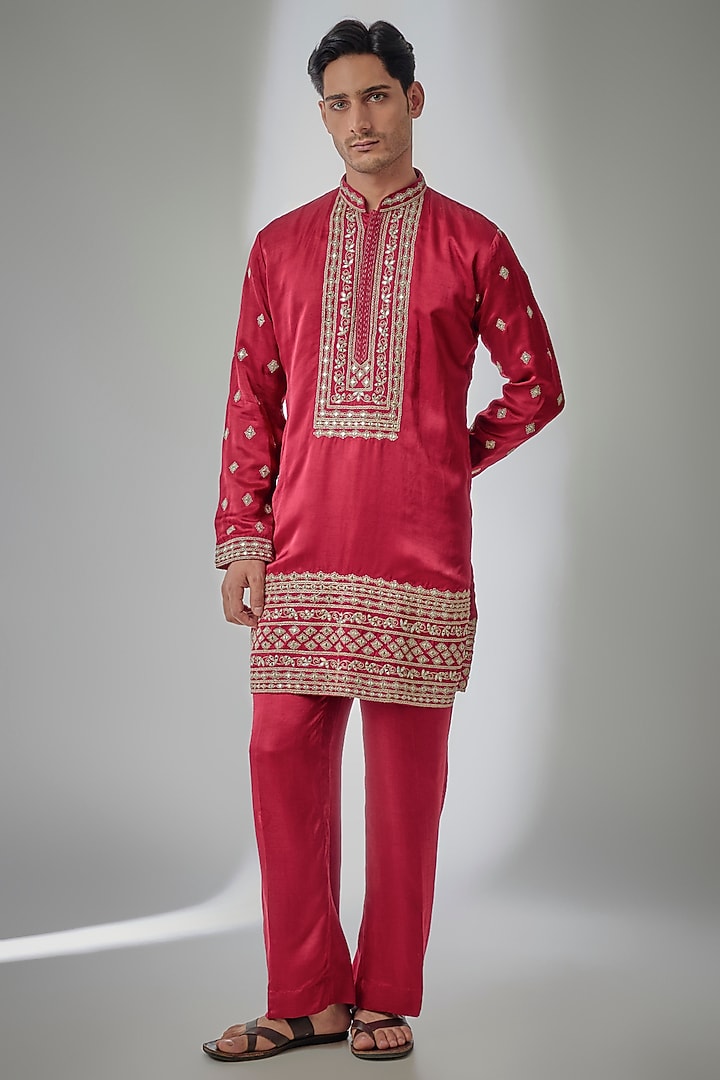 Red Linen Satin Silk Mirror Embroidered Kurta Set by PARV DESIGN STUDIO at Pernia's Pop Up Shop