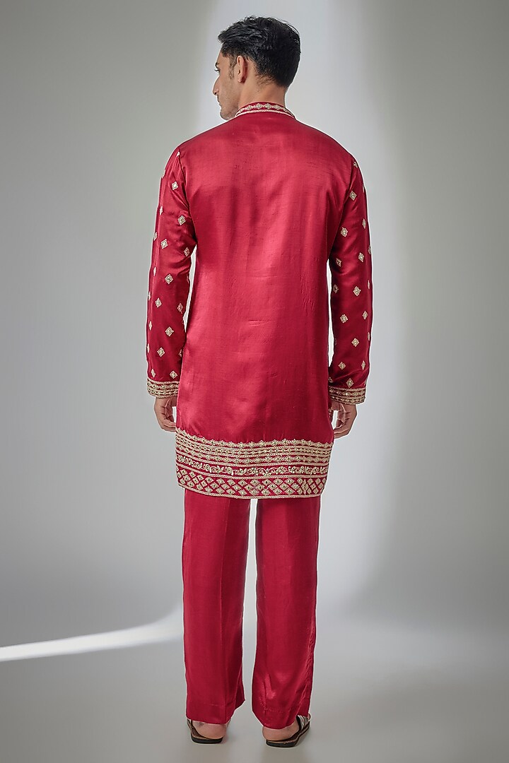 Red Linen Satin Silk Mirror Embroidered Kurta Set by PARV DESIGN STUDIO at Pernia's Pop Up Shop