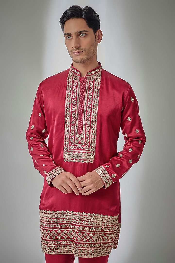 Red Linen Satin Silk Mirror Embroidered Kurta Set by PARV DESIGN STUDIO at Pernia's Pop Up Shop