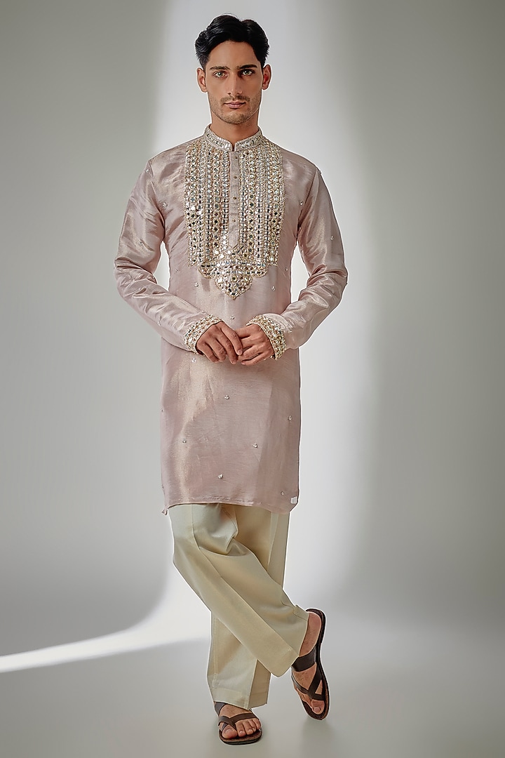 Pink Tissue Silk Mirror Embroidered Kurta Set by PARV DESIGN STUDIO at Pernia's Pop Up Shop