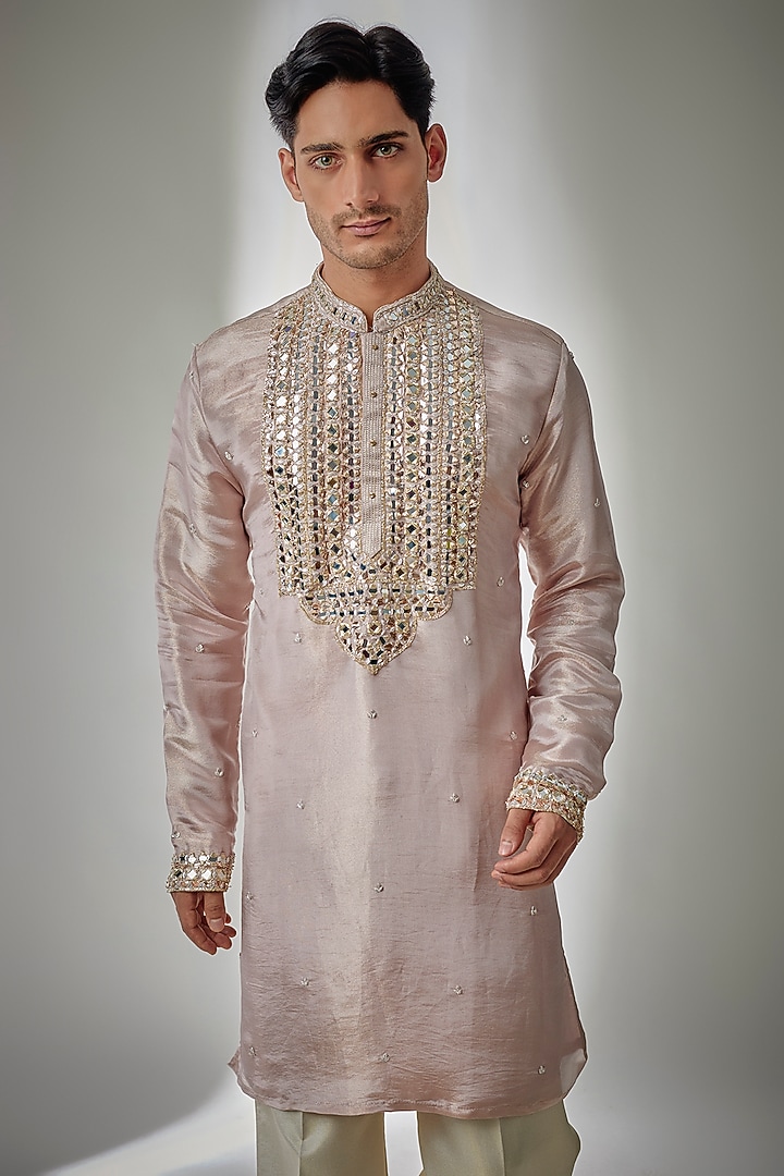 Pink Tissue Silk Mirror Embroidered Kurta Set by PARV DESIGN STUDIO at Pernia's Pop Up Shop