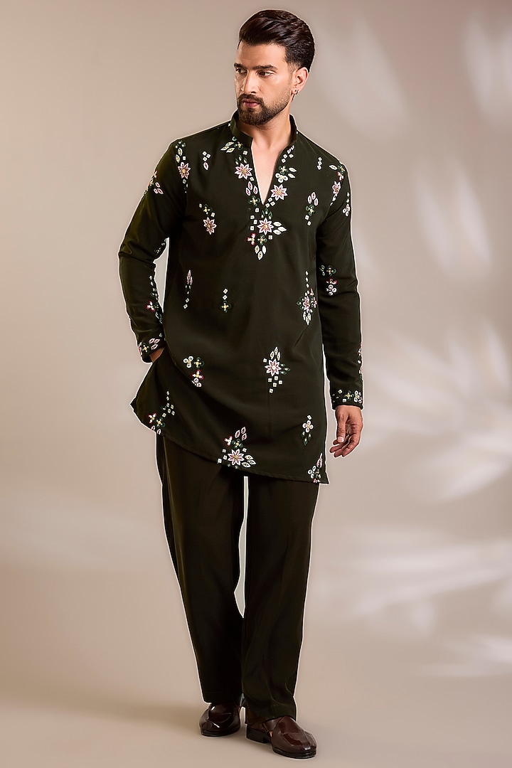 Olive Suiting Resham Embroidered Kurta Set by PARV DESIGN STUDIO at Pernia's Pop Up Shop