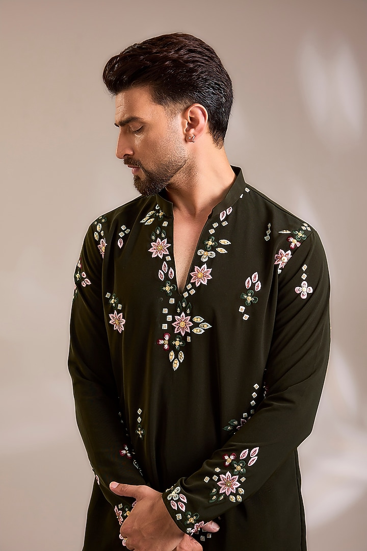 Olive Suiting Resham Embroidered Kurta Set by PARV DESIGN STUDIO at Pernia's Pop Up Shop