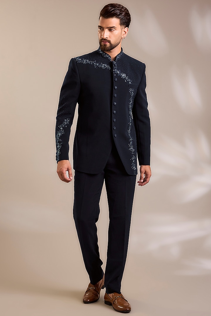 Navy Blue Suiting Embroidered Wedding Bandhgala Set by PARV DESIGN STUDIO at Pernia's Pop Up Shop