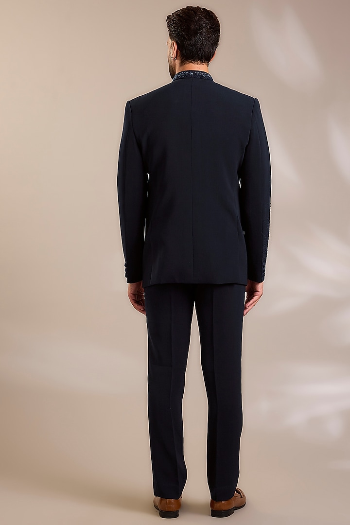 Navy Blue Suiting Embroidered Wedding Bandhgala Set by PARV DESIGN STUDIO at Pernia's Pop Up Shop