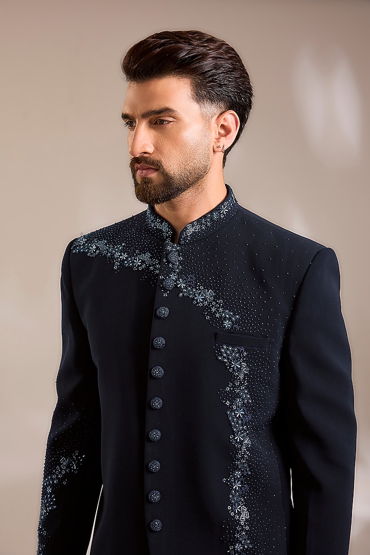 Navy Blue Suiting Embroidered Wedding Bandhgala Set by PARV DESIGN STUDIO at Pernia's Pop Up Shop