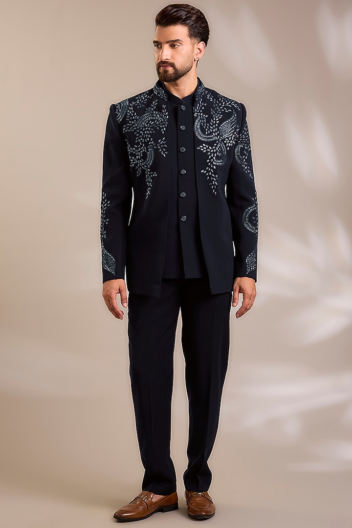 Navy Blue Suiting Embroidered Wedding Bandhgala Set by PARV DESIGN STUDIO at Pernia's Pop Up Shop