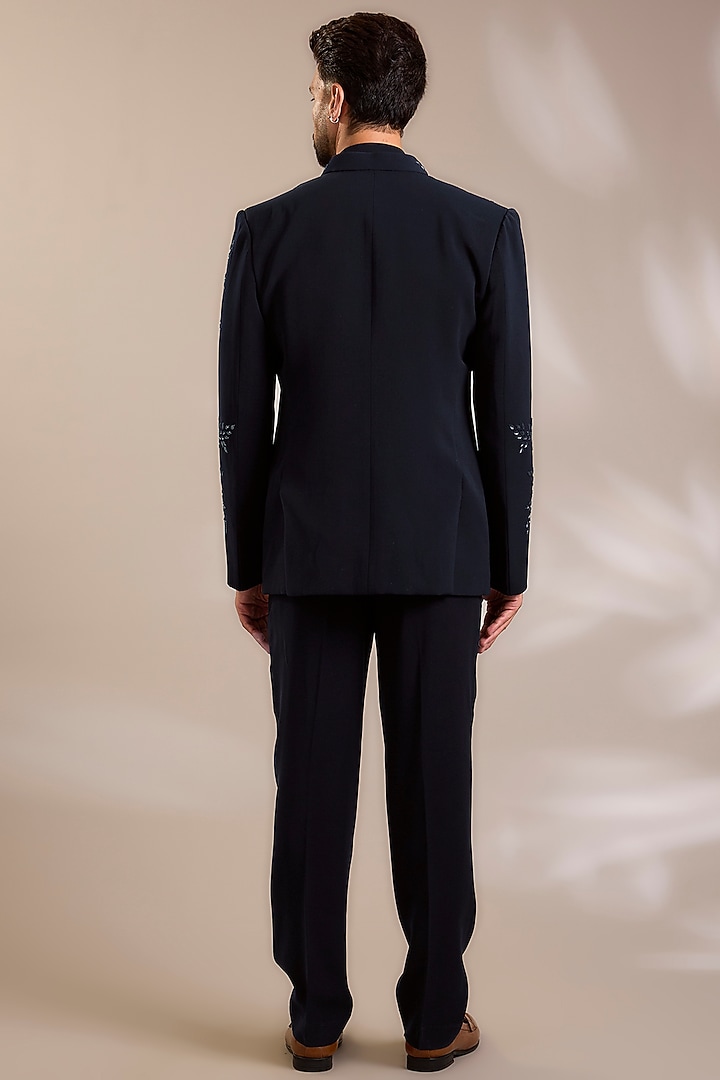 Navy Blue Suiting Embroidered Wedding Bandhgala Set by PARV DESIGN STUDIO at Pernia's Pop Up Shop