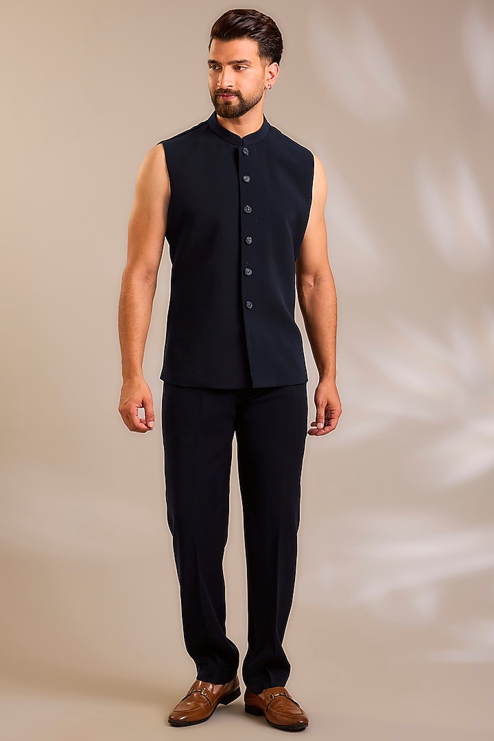 Navy Blue Suiting Embroidered Wedding Bandhgala Set by PARV DESIGN STUDIO at Pernia's Pop Up Shop