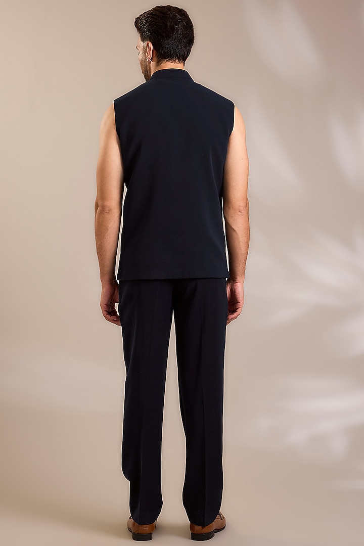 Navy Blue Suiting Embroidered Wedding Bandhgala Set by PARV DESIGN STUDIO at Pernia's Pop Up Shop