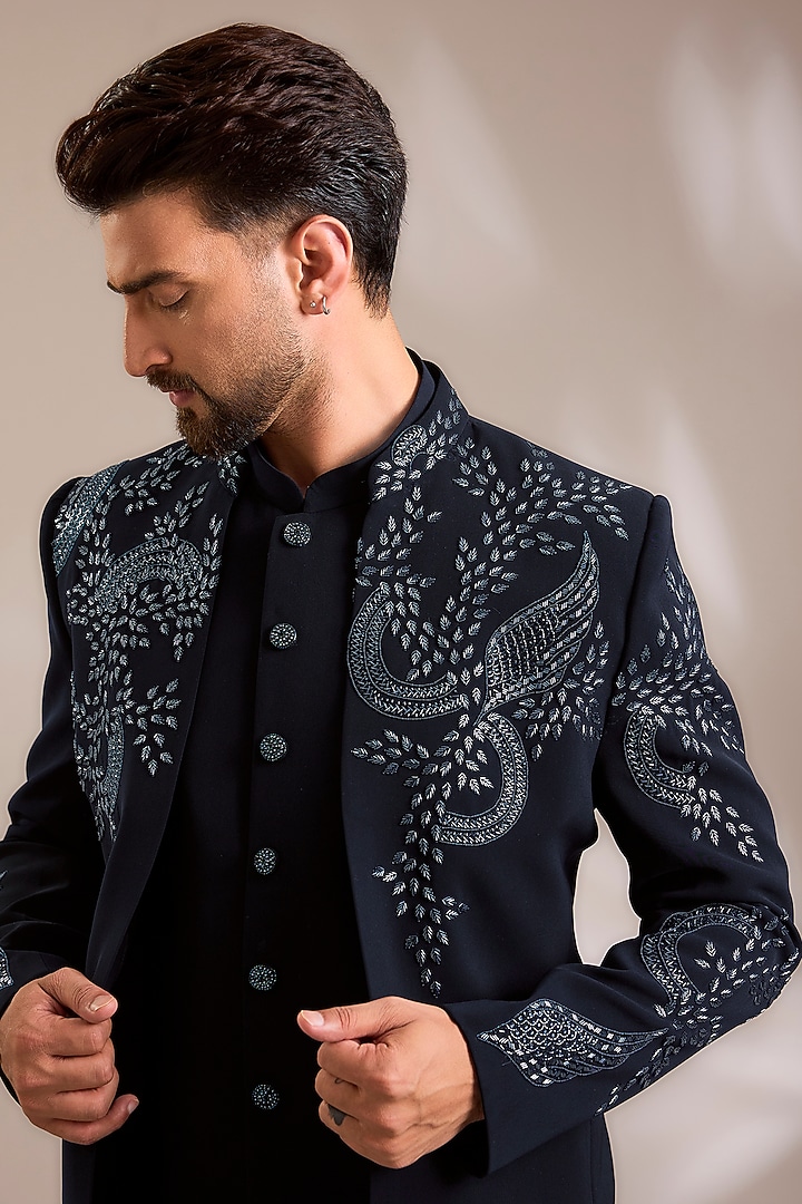 Navy Blue Suiting Embroidered Wedding Bandhgala Set by PARV DESIGN STUDIO at Pernia's Pop Up Shop