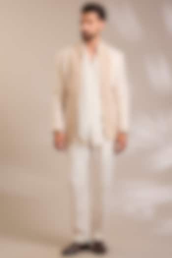 Beige Net Cutwork Embroidered Jacket Set by PARV DESIGN STUDIO at Pernia's Pop Up Shop