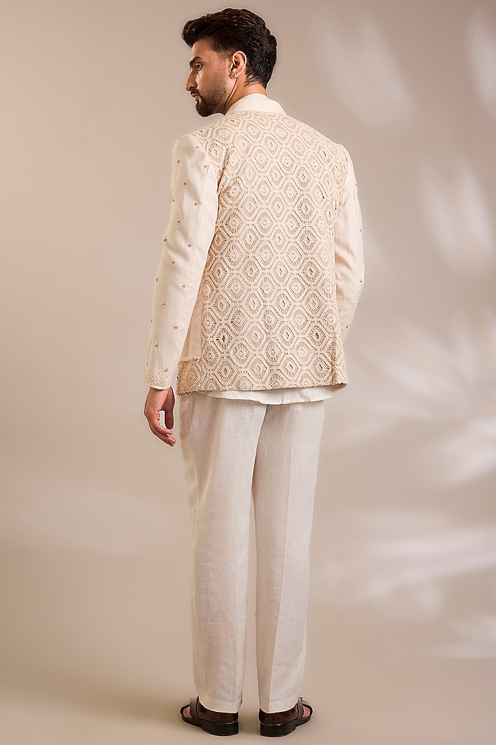 Beige Net Cutwork Embroidered Jacket Set by PARV DESIGN STUDIO at Pernia's Pop Up Shop