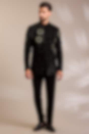 Black Suiting Embroidered Wedding Bandhgala Set by PARV DESIGN STUDIO at Pernia's Pop Up Shop