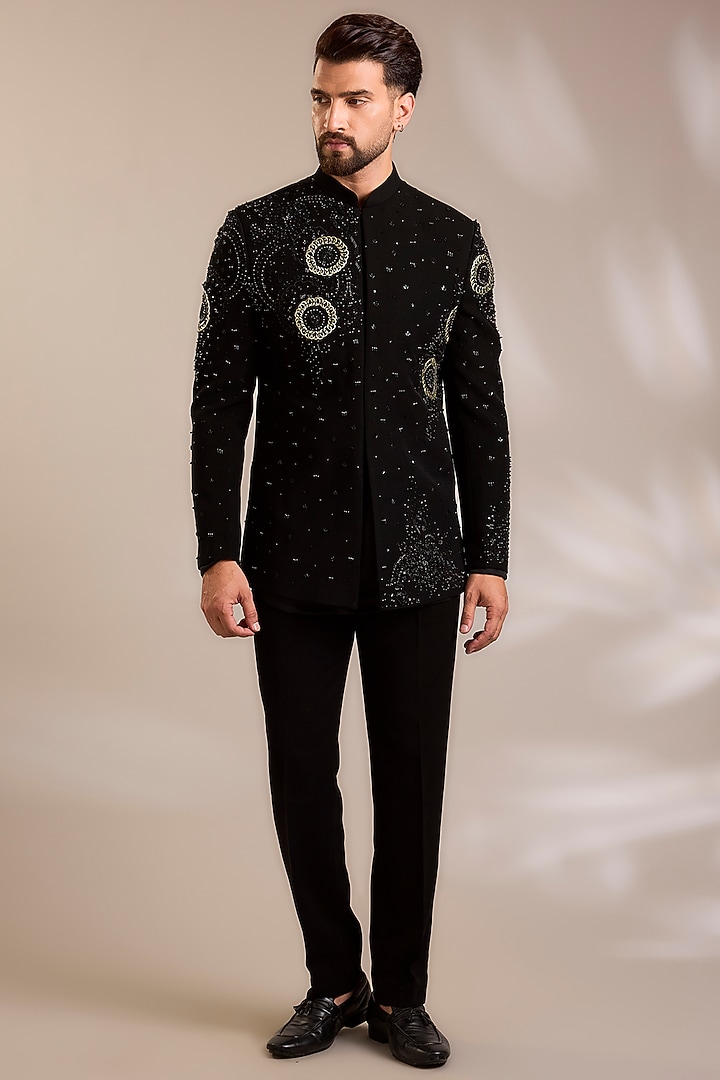 Black Suiting Embroidered Wedding Bandhgala Set by PARV DESIGN STUDIO at Pernia's Pop Up Shop