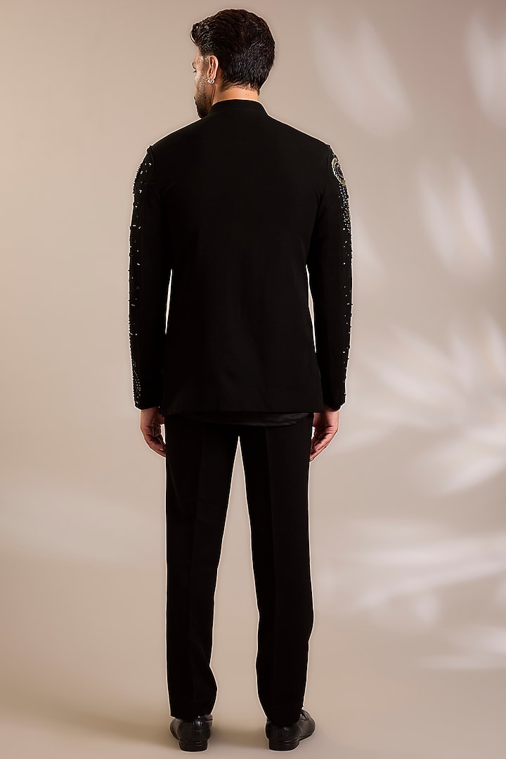 Black Suiting Embroidered Wedding Bandhgala Set by PARV DESIGN STUDIO at Pernia's Pop Up Shop
