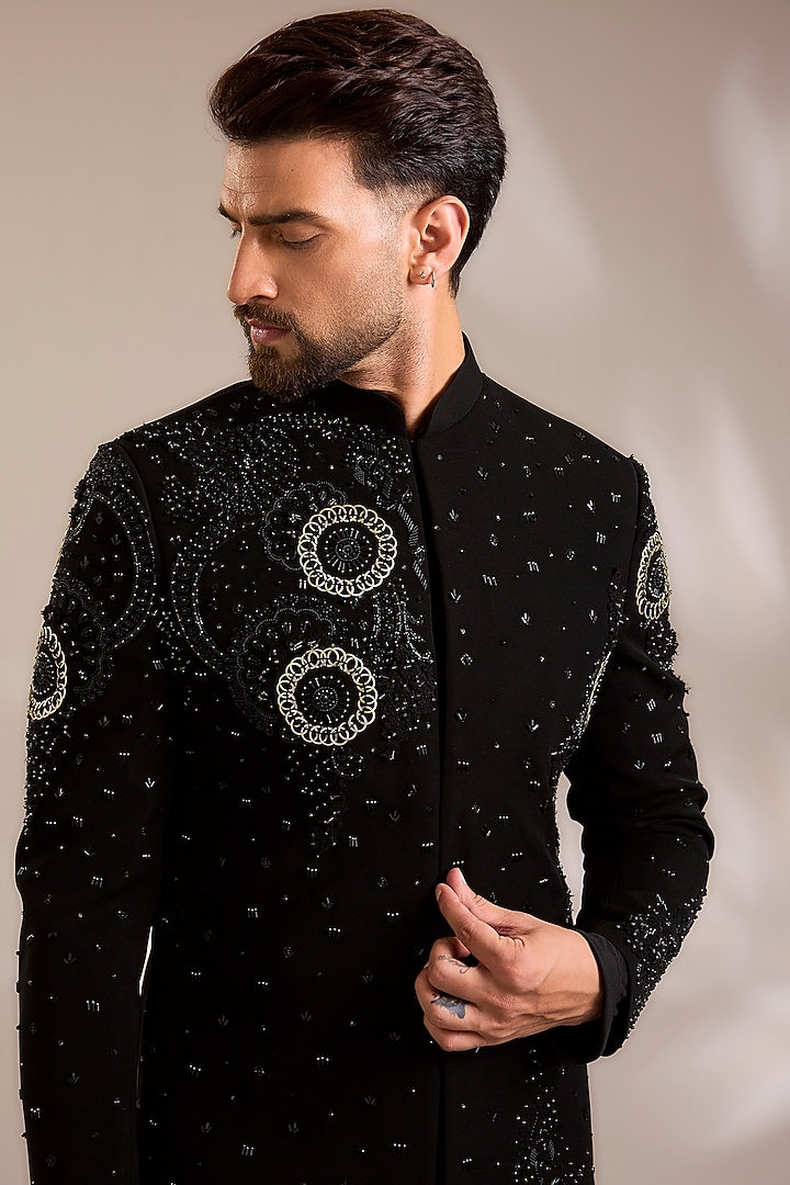 Black Suiting Embroidered Wedding Bandhgala Set by PARV DESIGN STUDIO at Pernia's Pop Up Shop