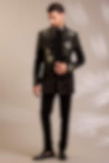 Black Suiting Embroidered Wedding Bandhgala Set by PARV DESIGN STUDIO at Pernia's Pop Up Shop
