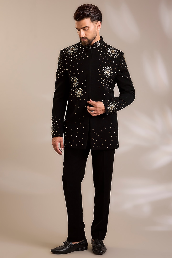 Black Suiting Embroidered Wedding Bandhgala Set by PARV DESIGN STUDIO at Pernia's Pop Up Shop