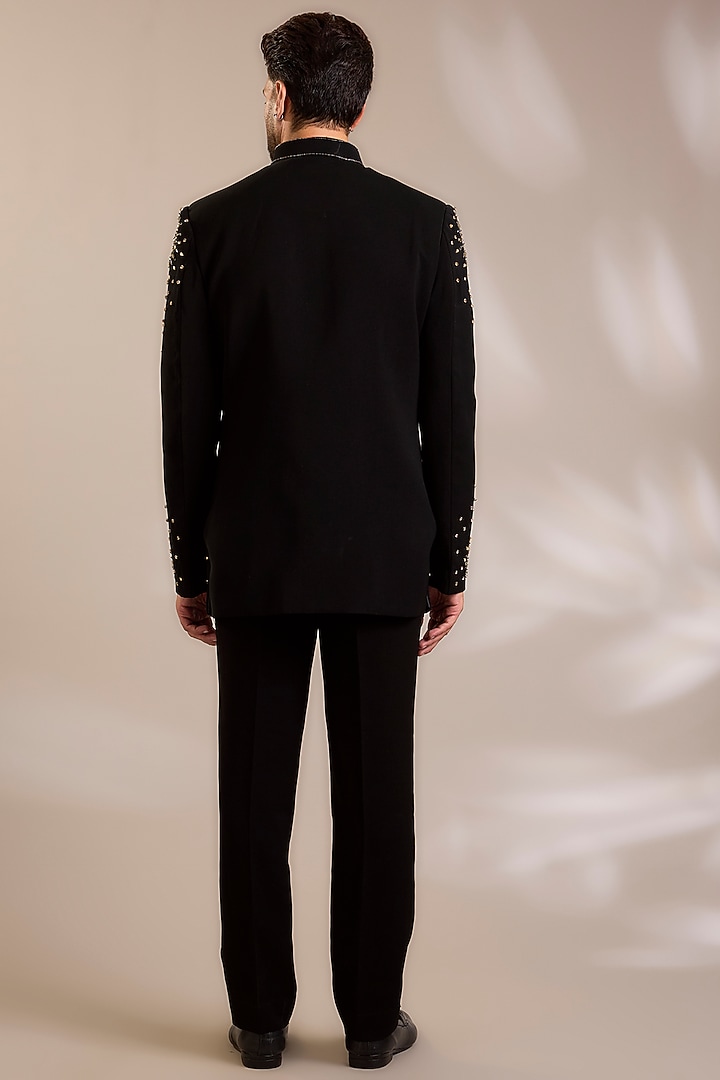 Black Suiting Embroidered Wedding Bandhgala Set by PARV DESIGN STUDIO at Pernia's Pop Up Shop