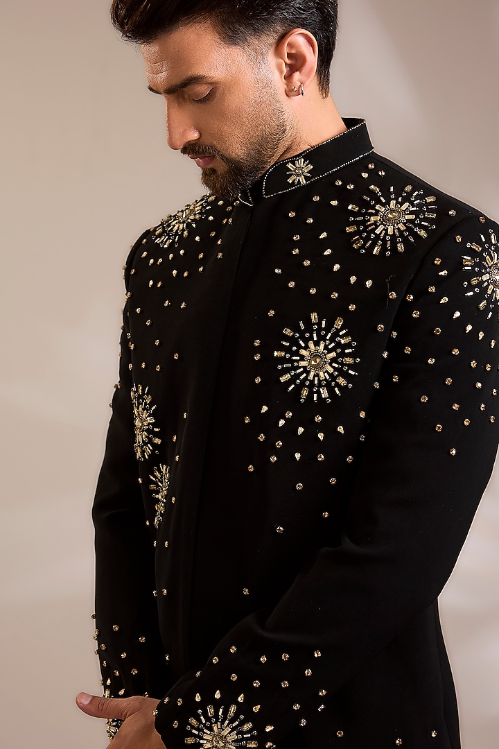 Black Suiting Embroidered Wedding Bandhgala Set by PARV DESIGN STUDIO at Pernia's Pop Up Shop