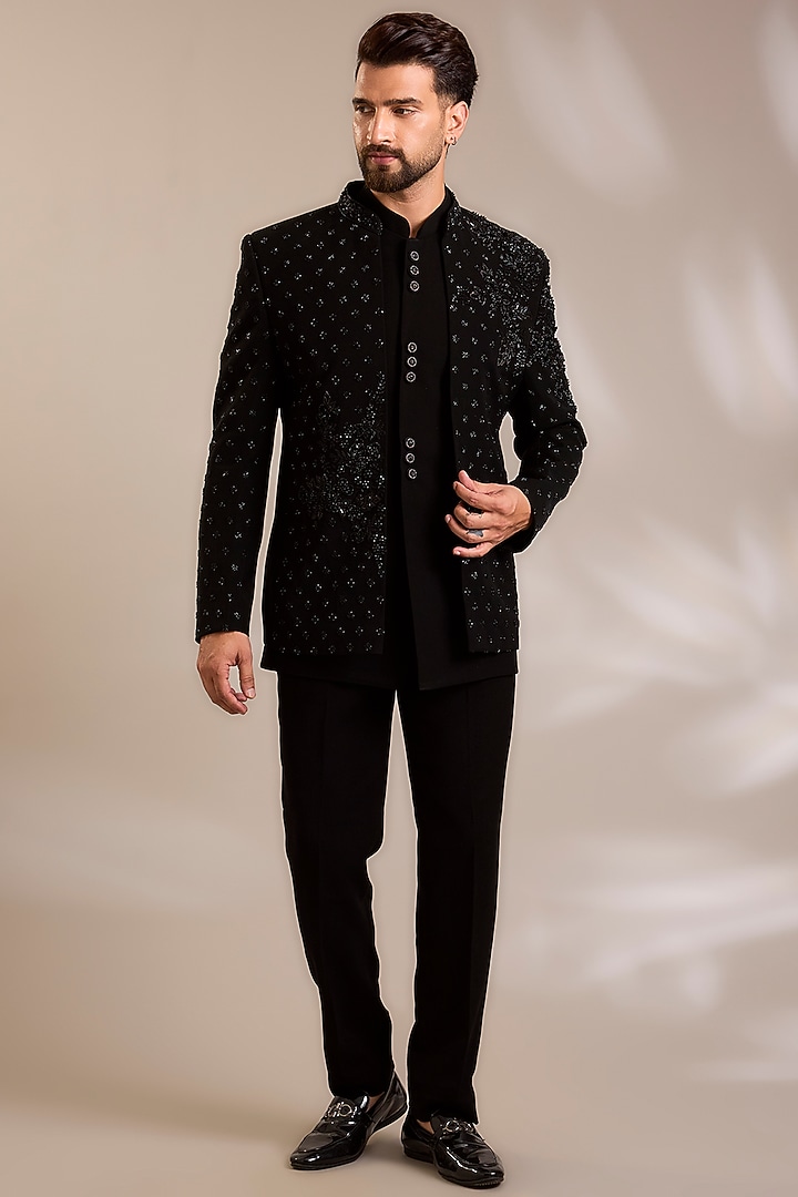 Black Suiting Pearl Embroidered Jacket Set by PARV DESIGN STUDIO at Pernia's Pop Up Shop
