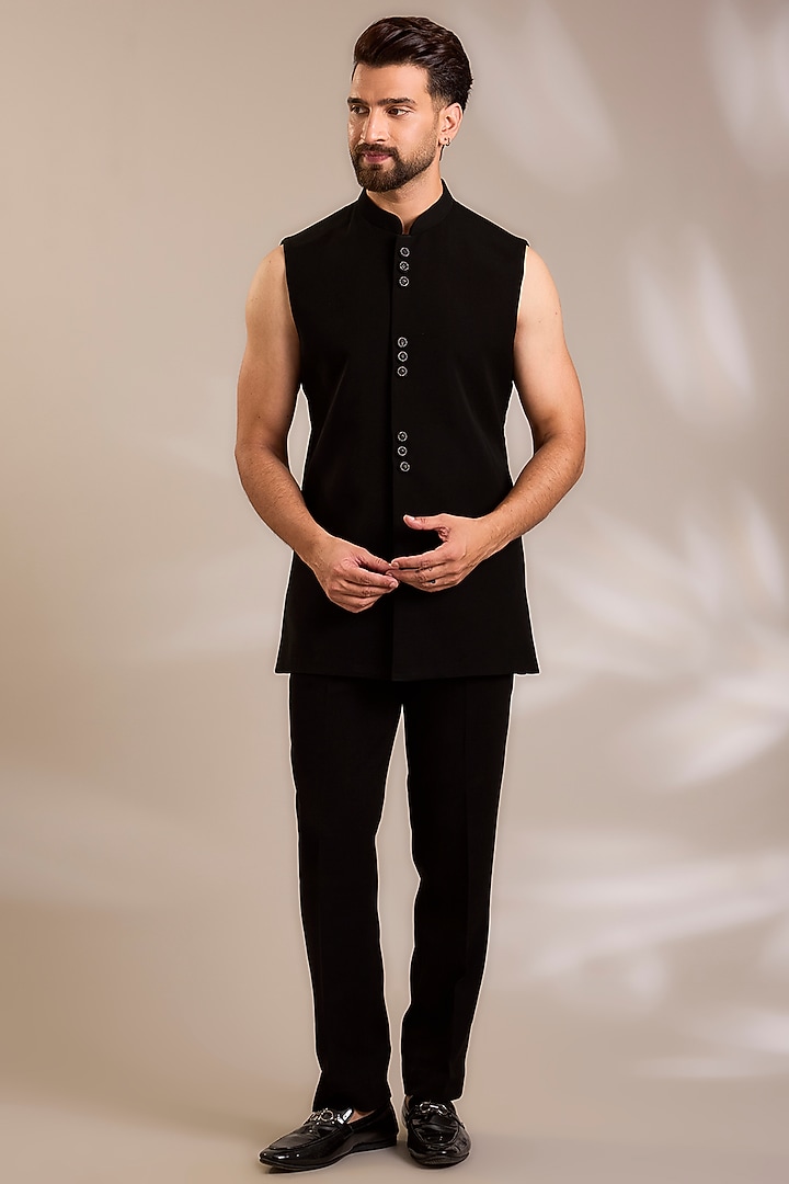 Black Suiting Pearl Embroidered Jacket Set by PARV DESIGN STUDIO at Pernia's Pop Up Shop