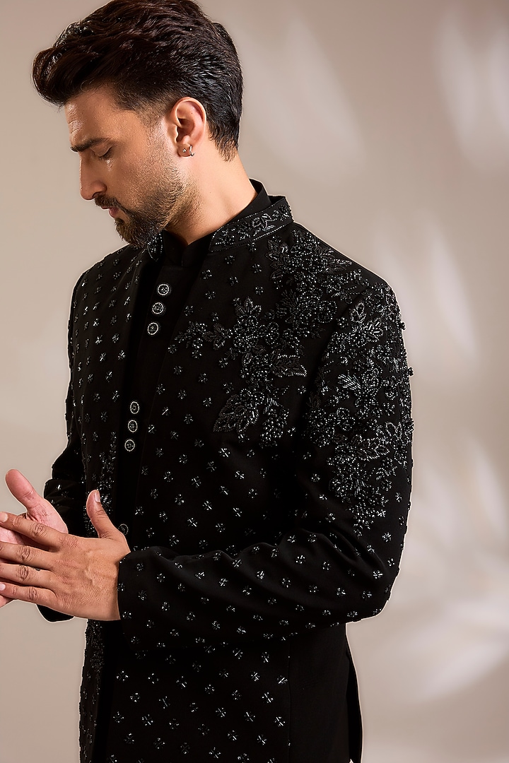 Black Suiting Pearl Embroidered Jacket Set by PARV DESIGN STUDIO at Pernia's Pop Up Shop