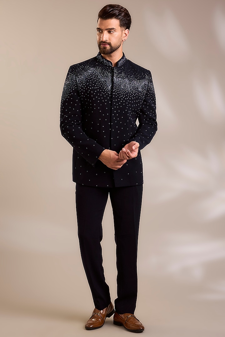 Navy Blue Suiting Embroidered Wedding Bandhgala Set by PARV DESIGN STUDIO at Pernia's Pop Up Shop
