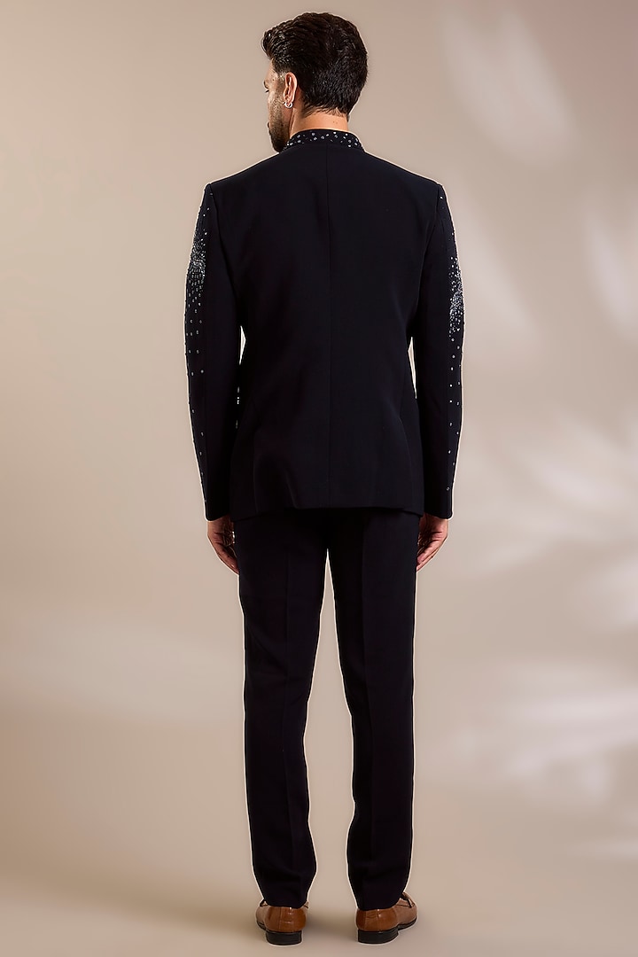 Navy Blue Suiting Embroidered Wedding Bandhgala Set by PARV DESIGN STUDIO at Pernia's Pop Up Shop