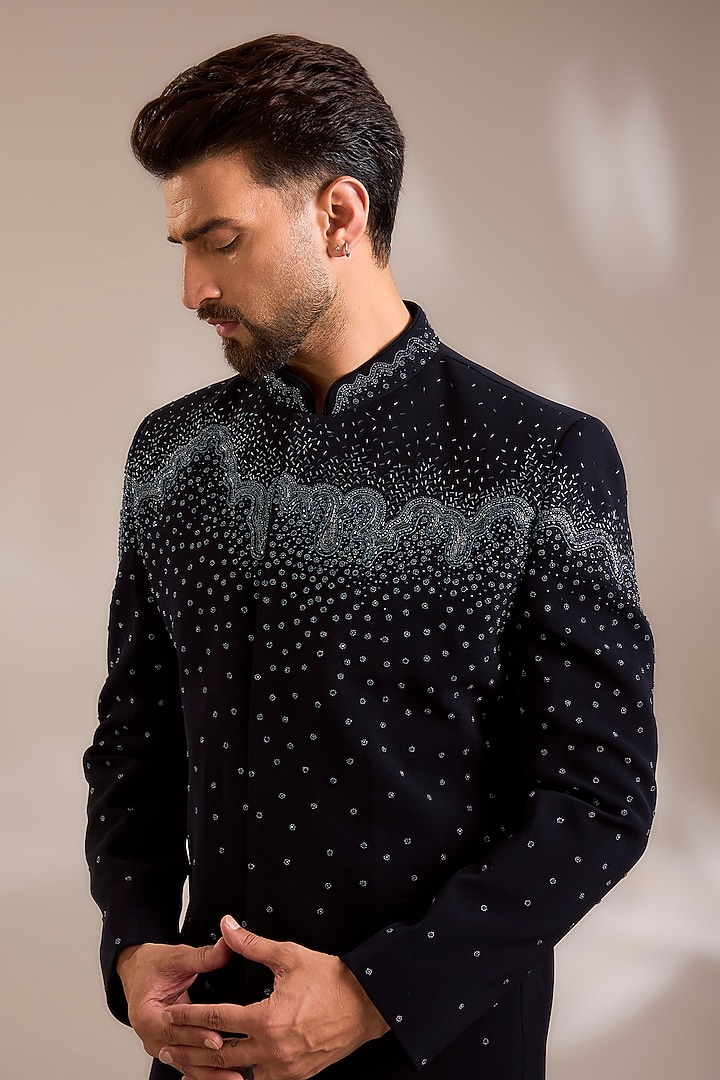 Navy Blue Suiting Embroidered Wedding Bandhgala Set by PARV DESIGN STUDIO at Pernia's Pop Up Shop