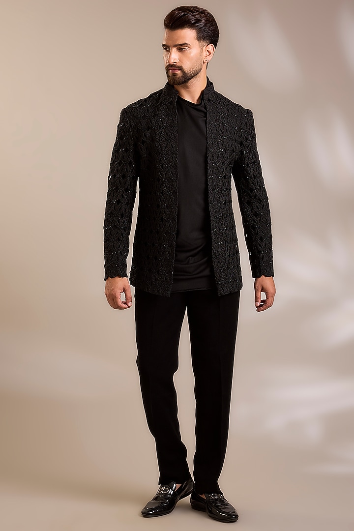 Black Net Cutdana Embroidered Jacket Set by PARV DESIGN STUDIO at Pernia's Pop Up Shop