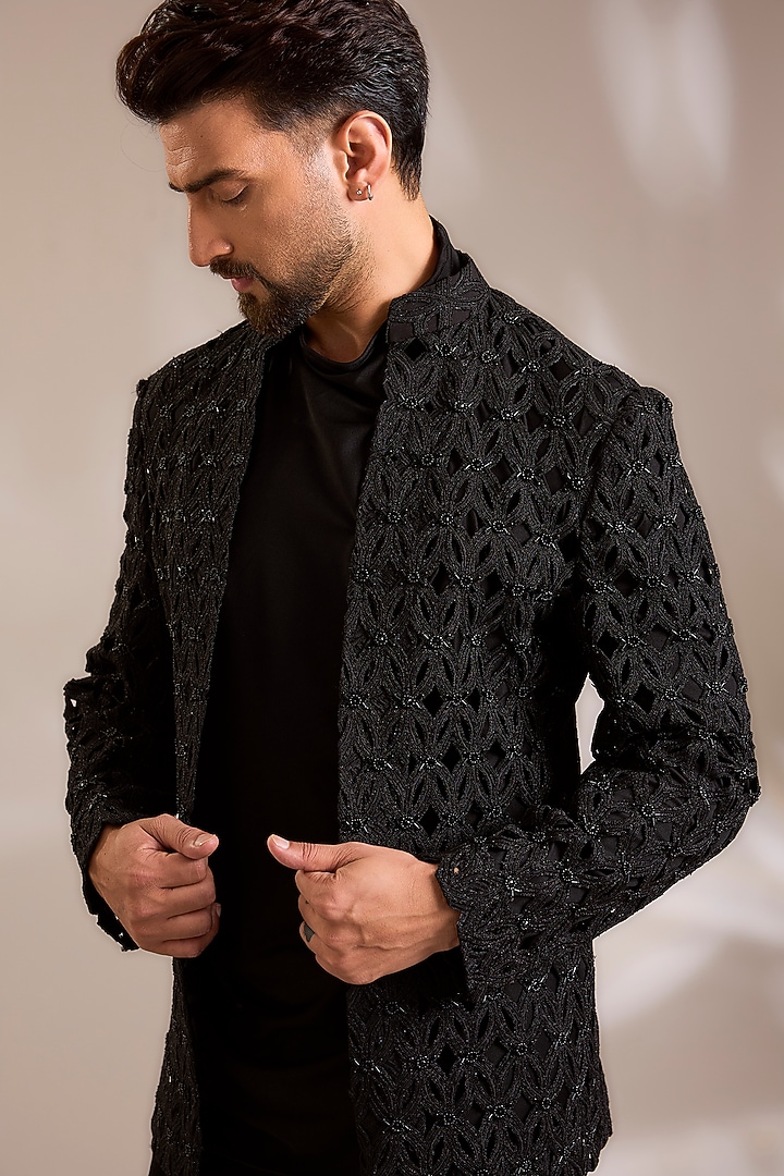 Black Net Cutdana Embroidered Jacket Set by PARV DESIGN STUDIO at Pernia's Pop Up Shop
